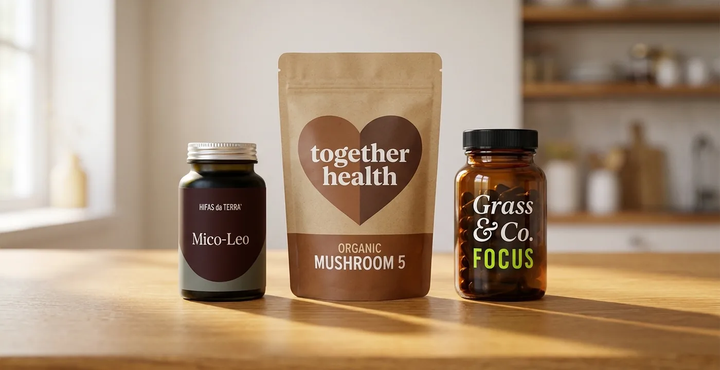 Best mushroom supplements UK: Hifas da Terra Mico-Leo, Together Health Mushroom 5 and Grass & Co FOCUS on a wooden kitchen counter