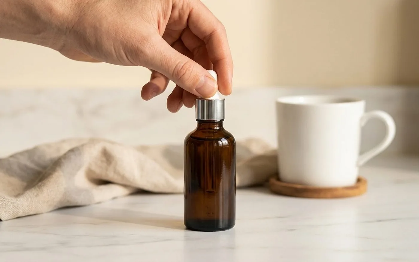 Freshly Fermented mushroom tincture dropper bottle on white marble