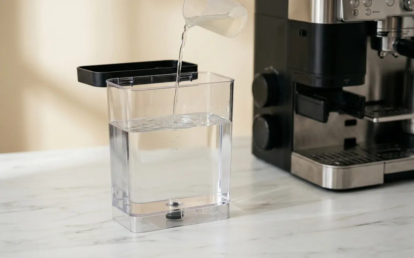 Descaling and maintenance routine for a Ninja coffee machine, showing the drip tray and water tank