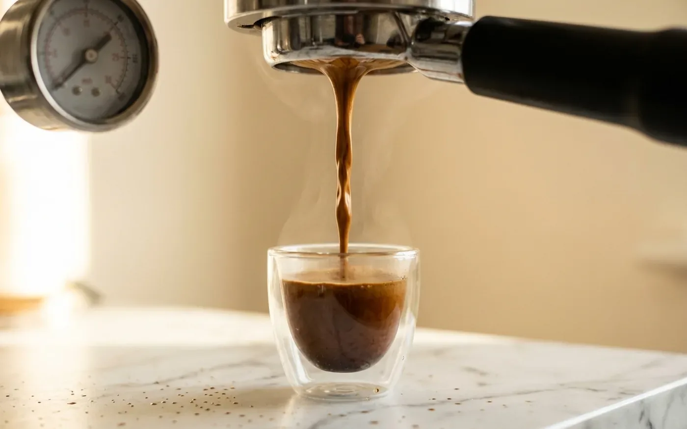 Espresso shot pulling from a Ninja portafilter machine, illustrating the 15-bar pressure marketing claim