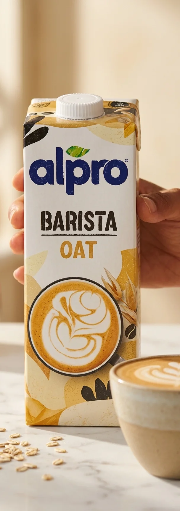 Alpro Barista oat milk carton in a supermarket setting