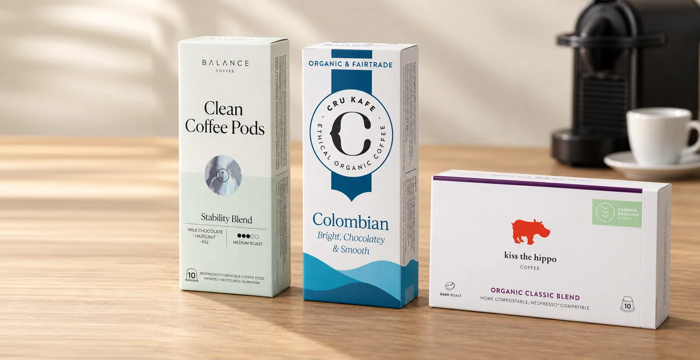 Balance Coffee Clean Coffee Pods, CRU Kafe Organic Colombian and Kiss the Hippo Organic Classic Blend pods on oak