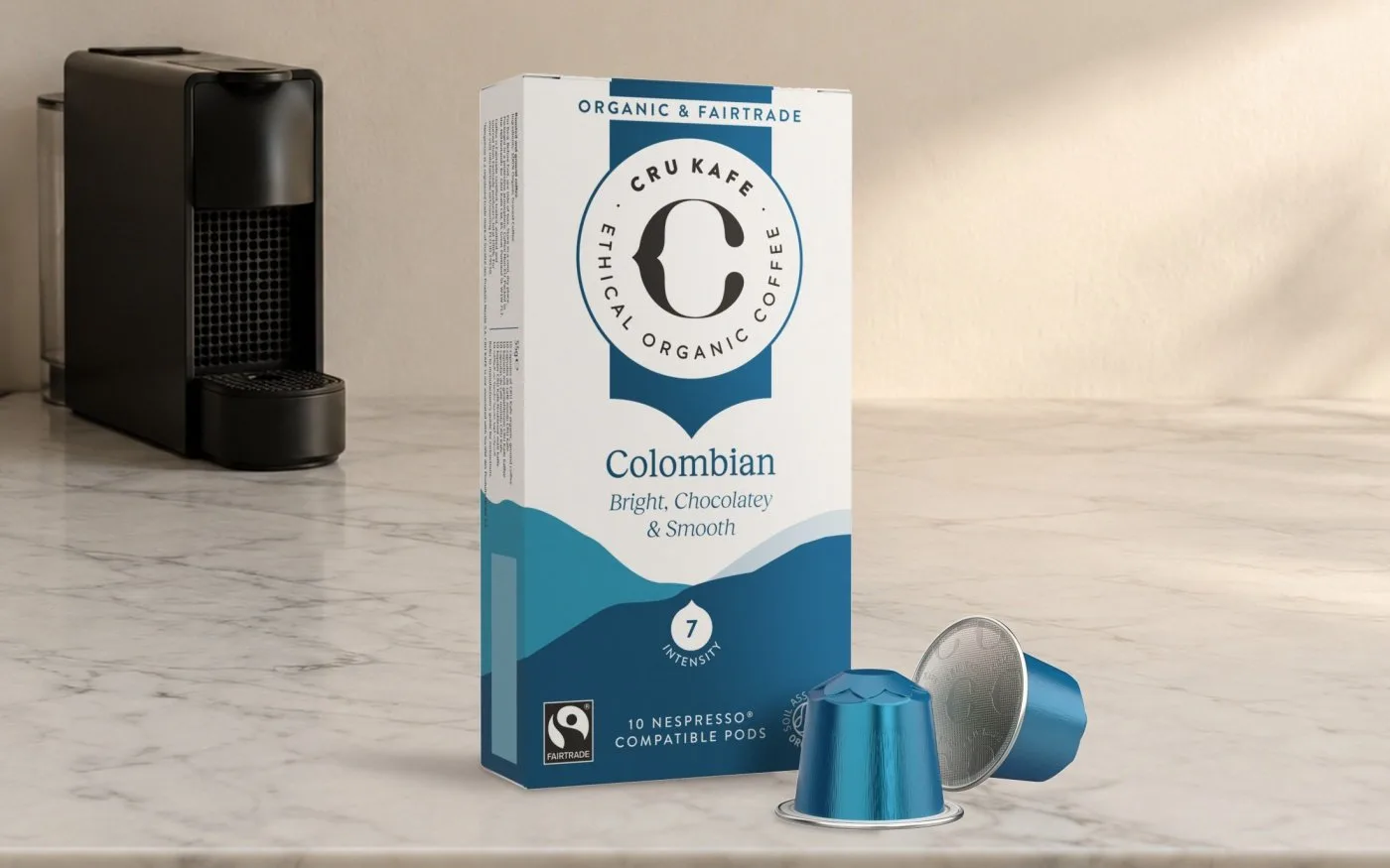 CRU Kafe Organic Colombian Nespresso compatible pods box
