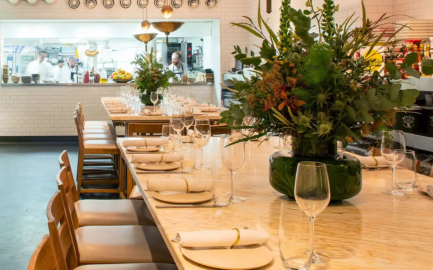 NOPI downstairs dining room with a long marble table, Soho, London