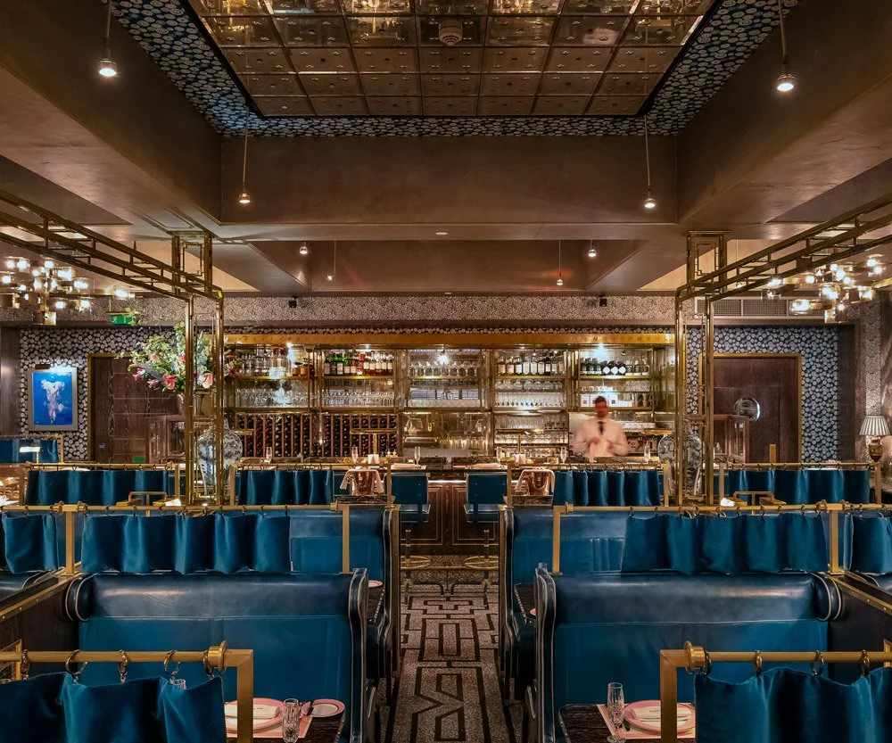 Bob Bob Ricard Soho interior with Art Deco blue leather booths