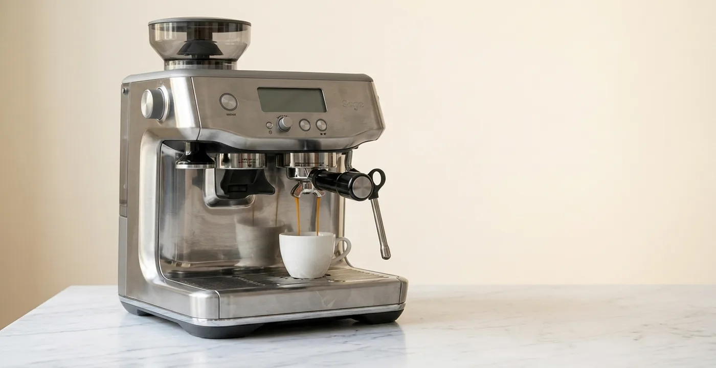Sage Barista Pro espresso machine in brushed stainless steel on kitchen counter pulling a shot of espresso