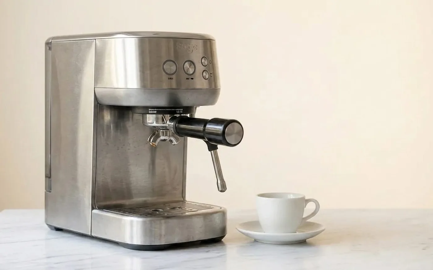 Sage Bambino Plus compact espresso machine with auto milk texturing on white marble kitchen counter