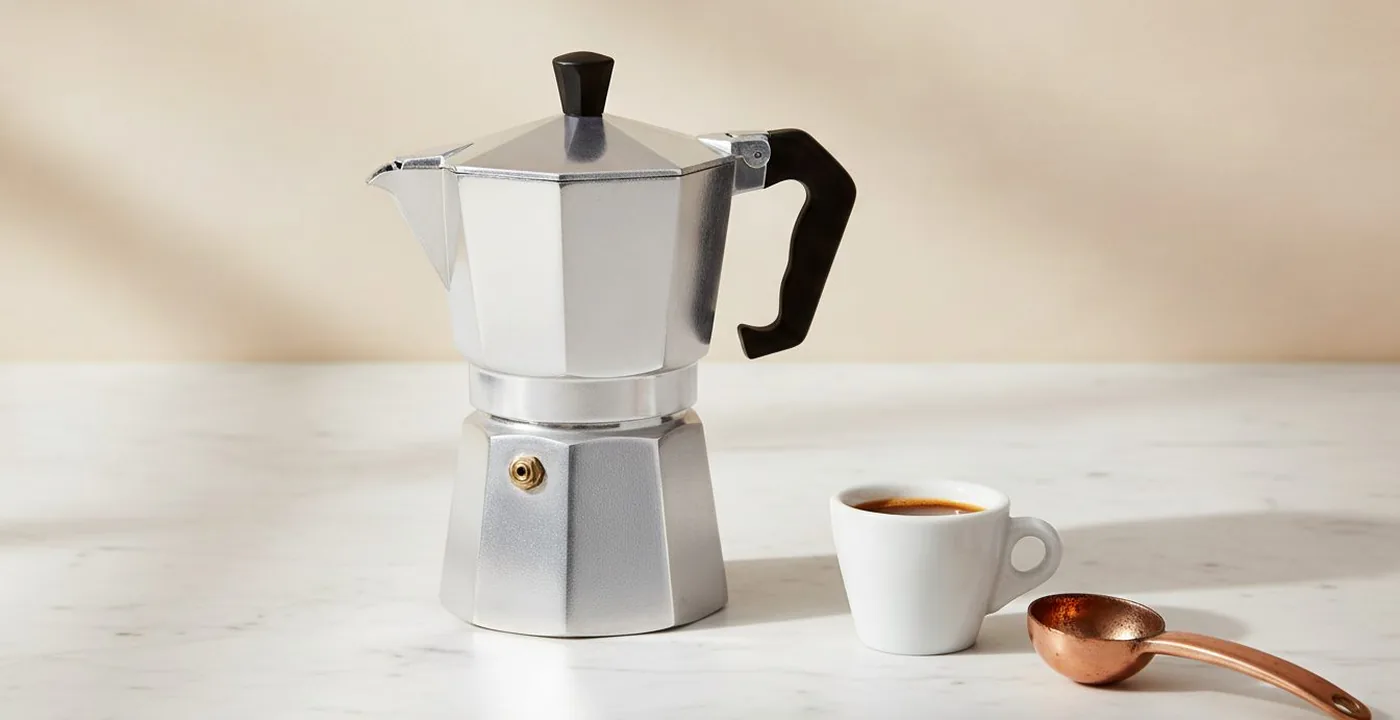 Bialetti Moka Express stovetop coffee maker on a kitchen worktop