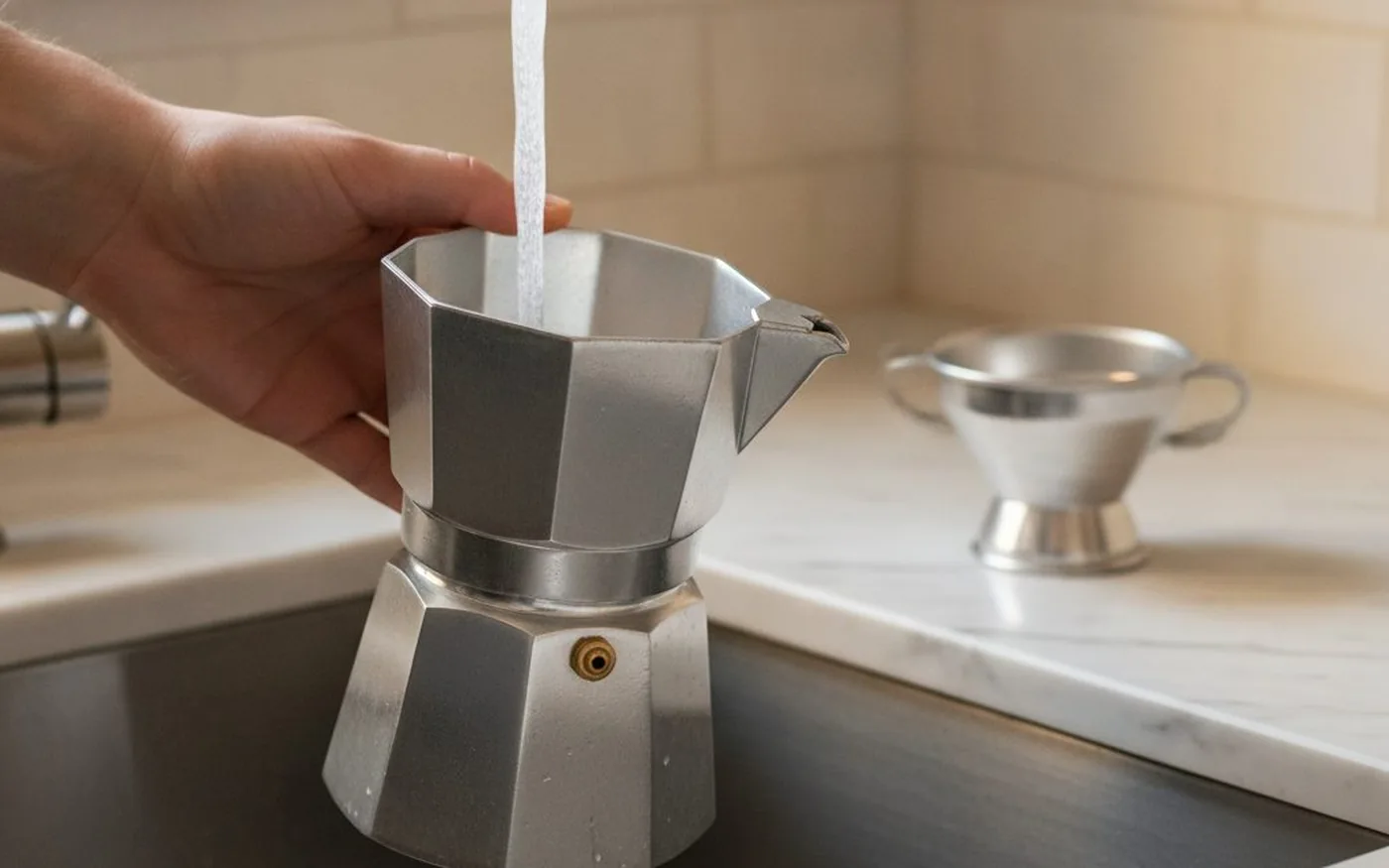 Filling the lower water chamber of a moka pot to the safety valve line