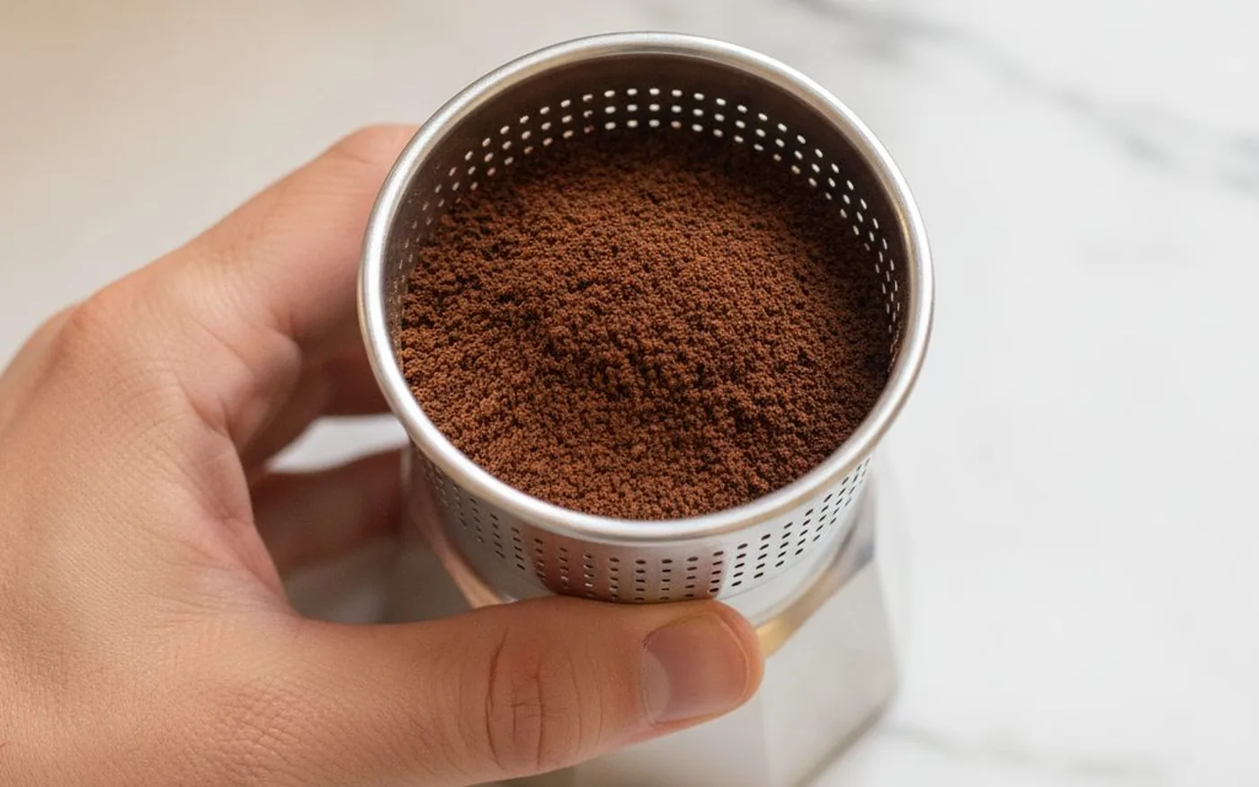 Moka pot filter basket filled with ground coffee, level and untamped