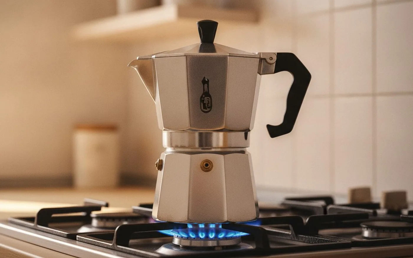 Moka pot brewing on gas stovetop, coffee flowing into upper chamber