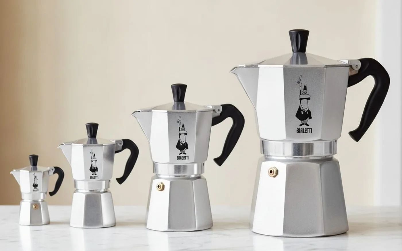 Bialetti Moka Express in all five sizes: 1, 3, 6, 9, and 12 cup