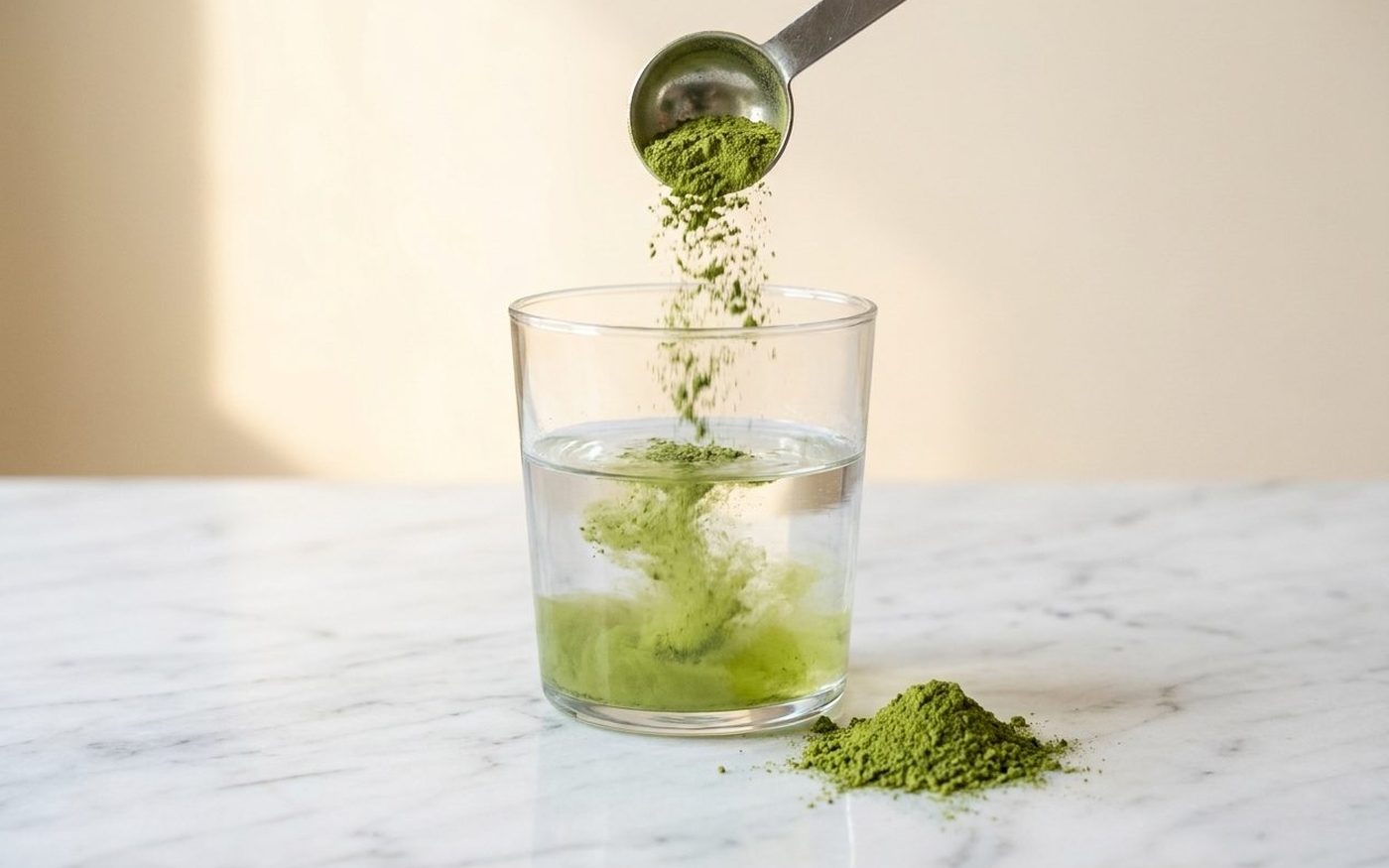 Bioglan Supergreens mixed in a glass of water showing texture and colour
