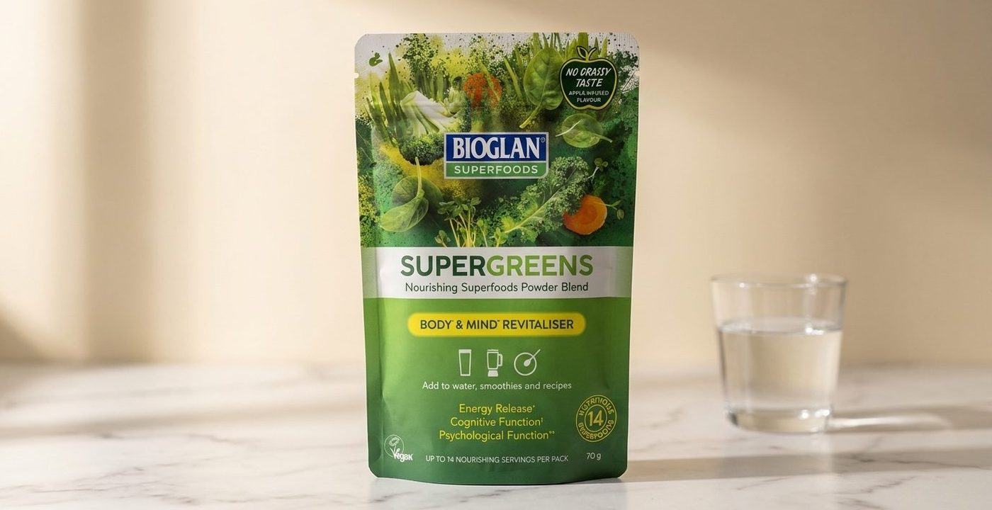Bioglan Supergreens 70g pack photographed on a clean white surface