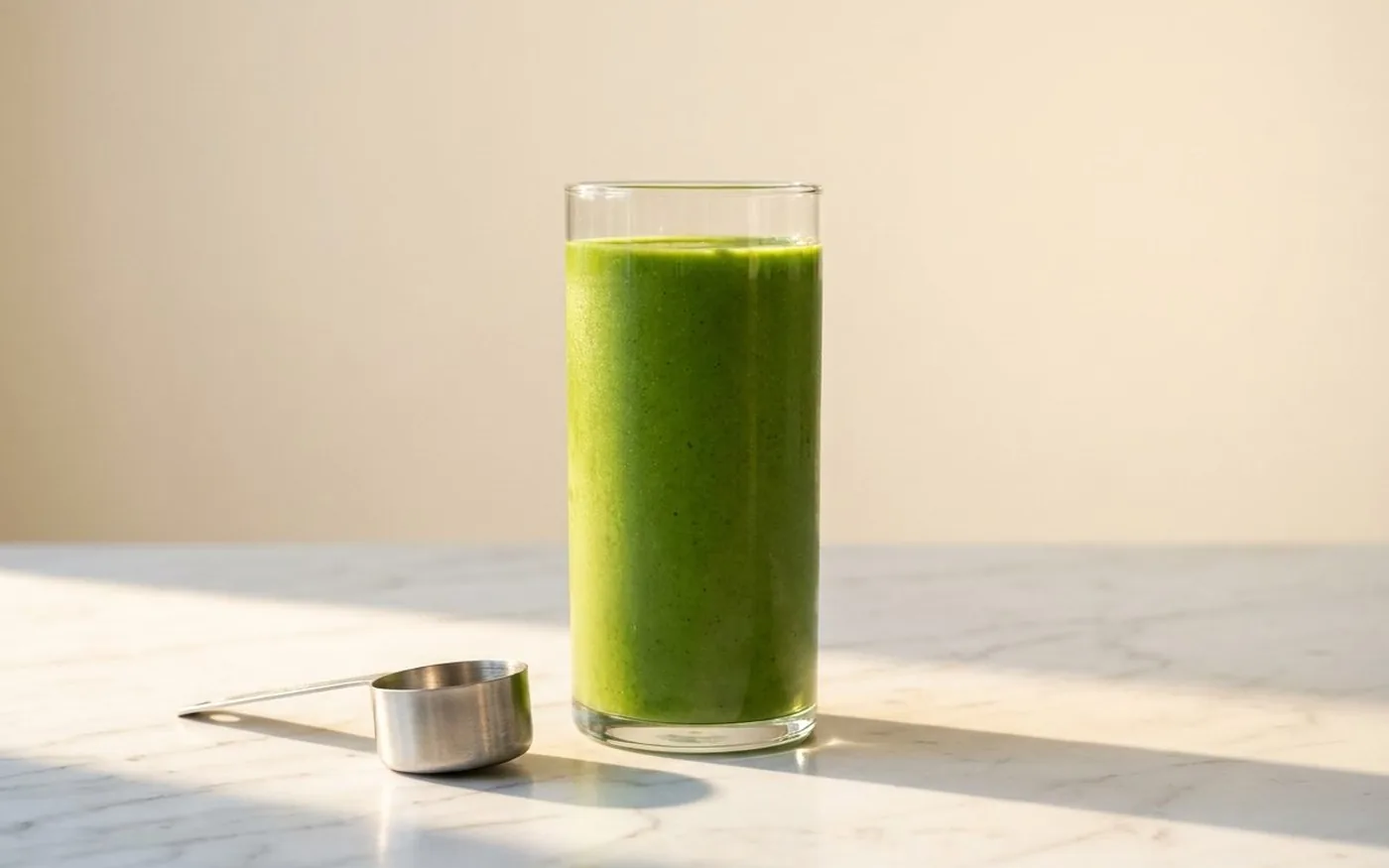 Green supplement powder with measuring scoop on white marble surface