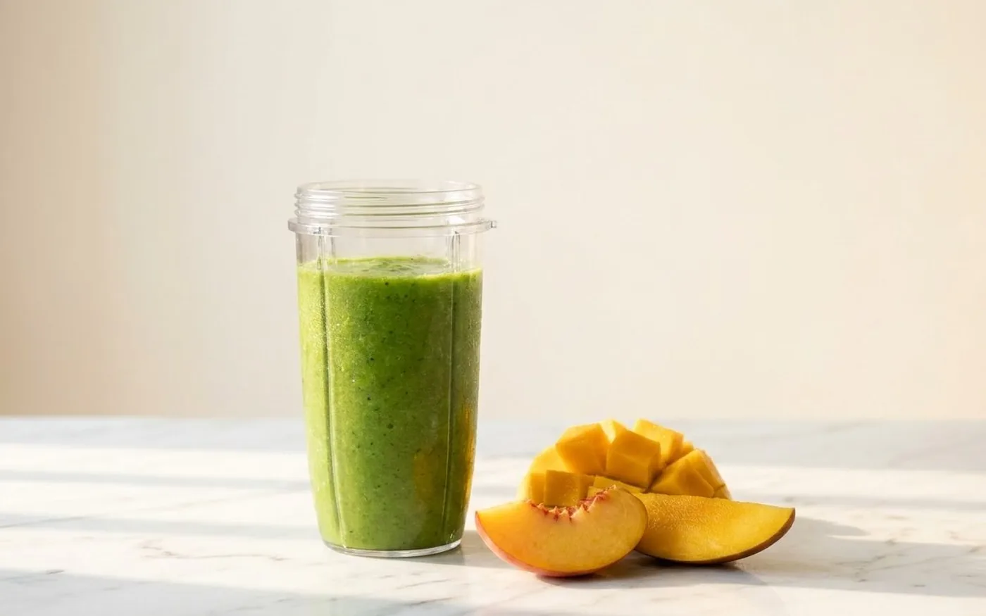 Green supplement drink in shaker bottle with fresh mango and peach on marble surface