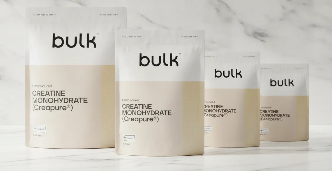 Bulk creatine monohydrate powder tub on white background