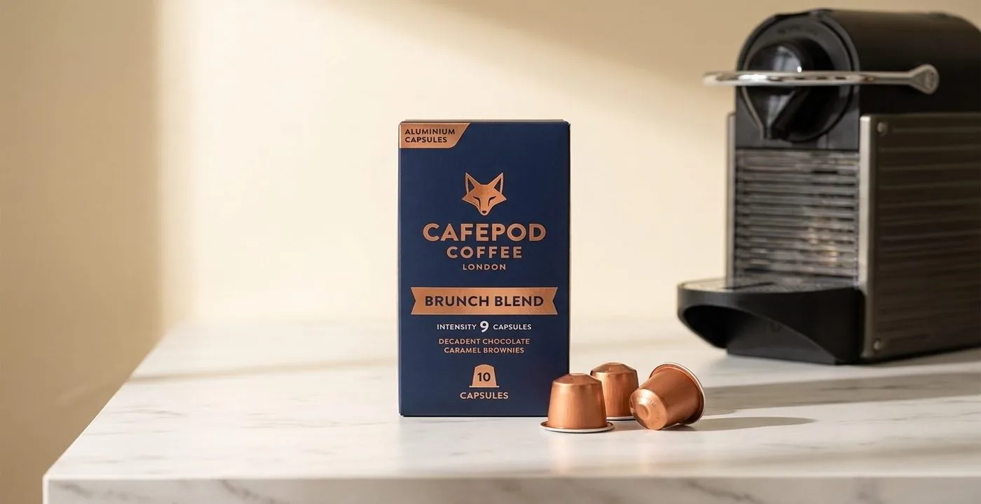 CafePod Nespresso-compatible coffee pods arranged on a kitchen counter