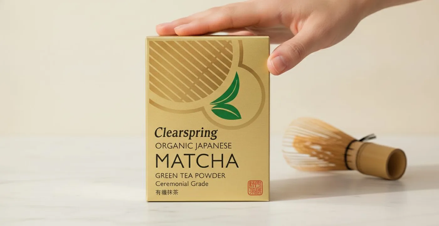 Clearspring organic matcha powder in green tin on white surface