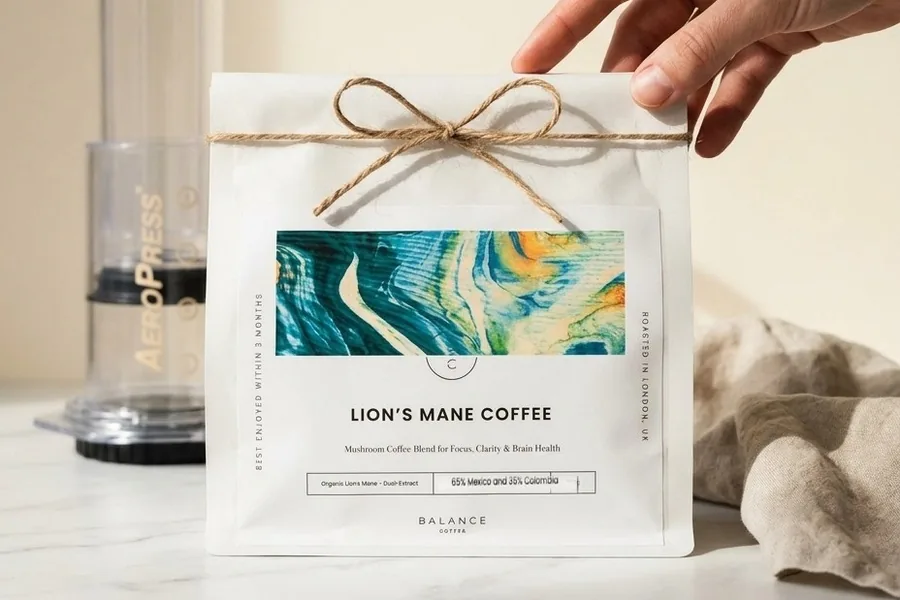 Balance Coffee Monthly Gift Subscription bag with a gift ribbon