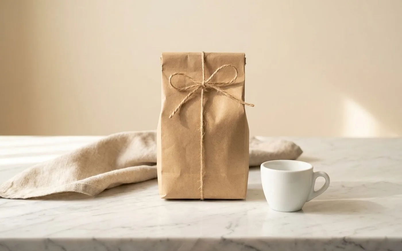 Coffee gift ideas - wrapped coffee bag and espresso cup on marble