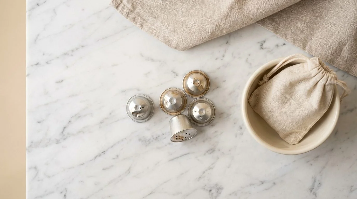 Aluminium coffee capsules grouped on a marble surface, illustrating recyclable pod materials
