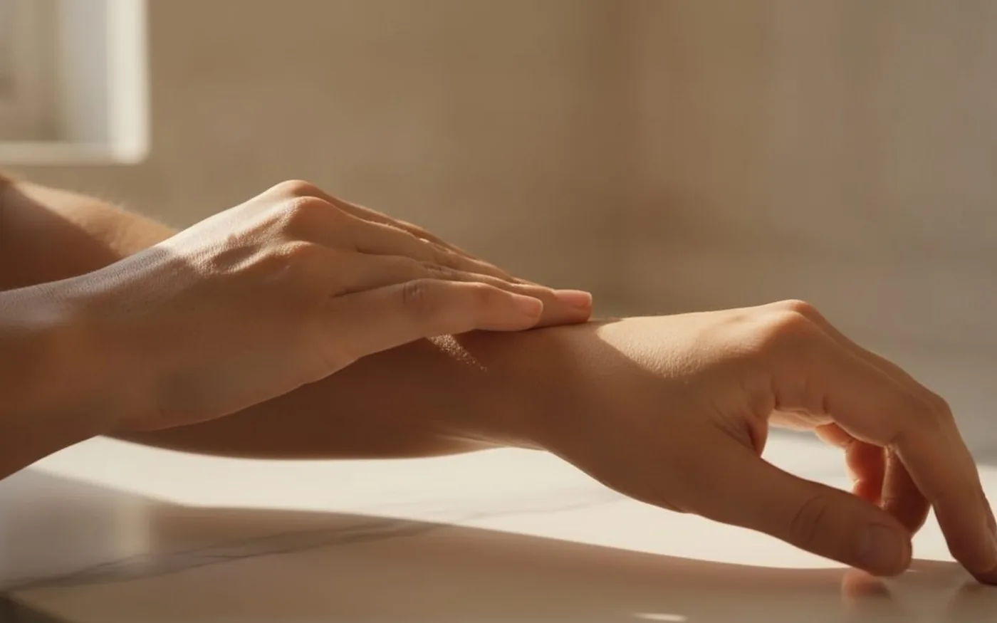 A woman applying serum to skin, conveying skin care and collagen health during menopause.