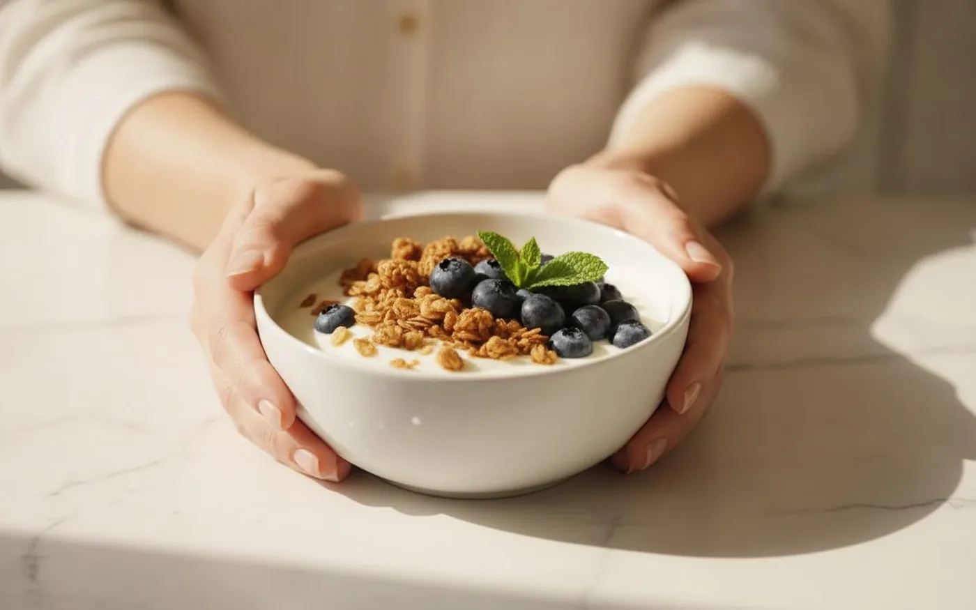 Natural collagen-rich foods including salmon, bone broth, eggs, and citrus arranged on white marble.