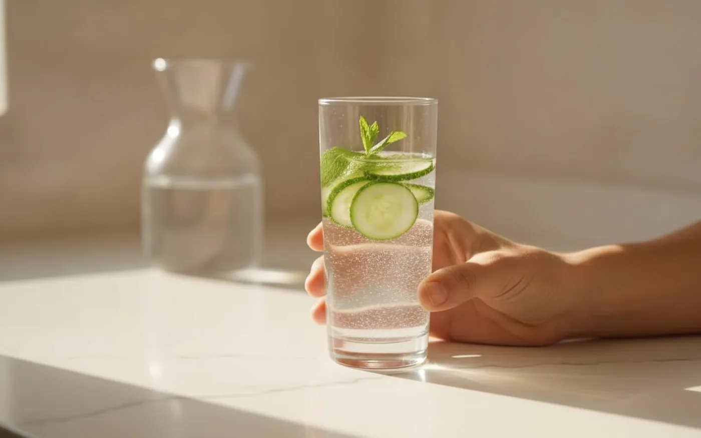 A glass of water with cucumber and mint, conveying hydration and its role in skin health.