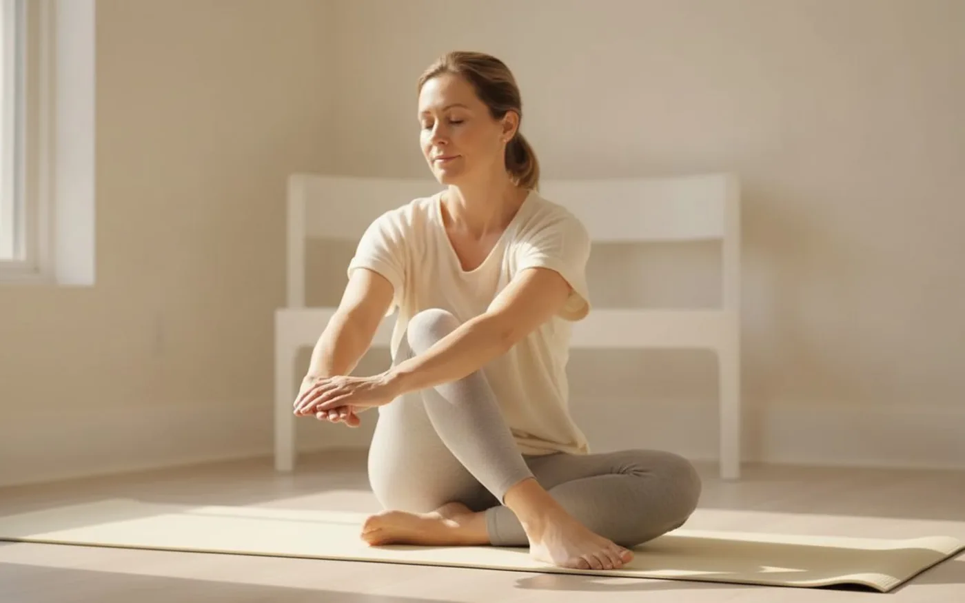 A woman exercising with light weights, conveying the role of exercise in collagen production during menopause.