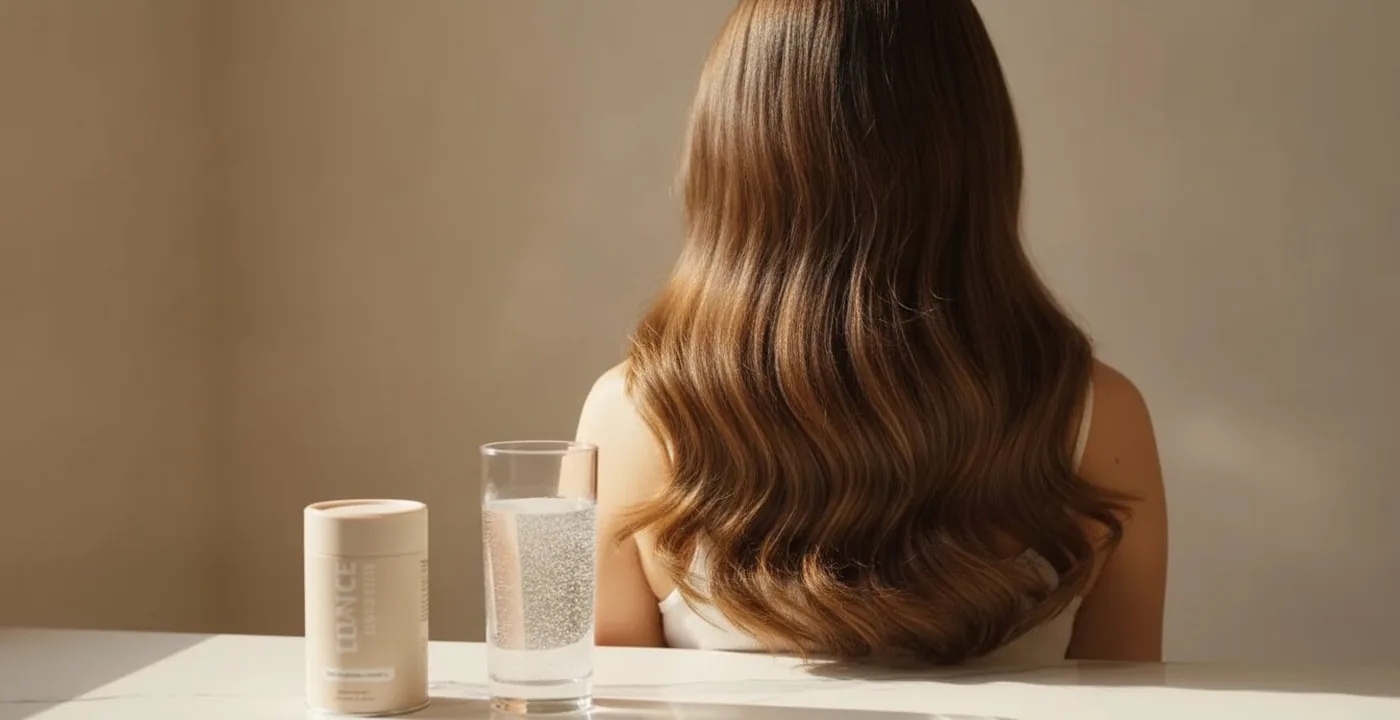 Hydrolysed collagen powder in a glass jar beside hair care items on a marble surface
