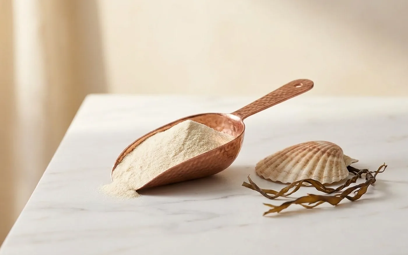Marine collagen supplement next to fish, illustrating fish allergy risk