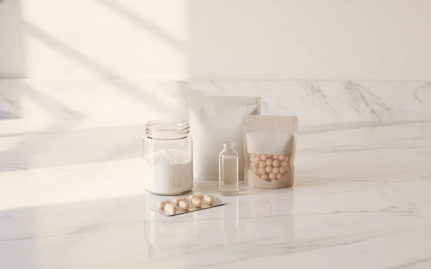 UK collagen supplement market overview showing variety of product formats including powder, liquid shots, capsules and gummies