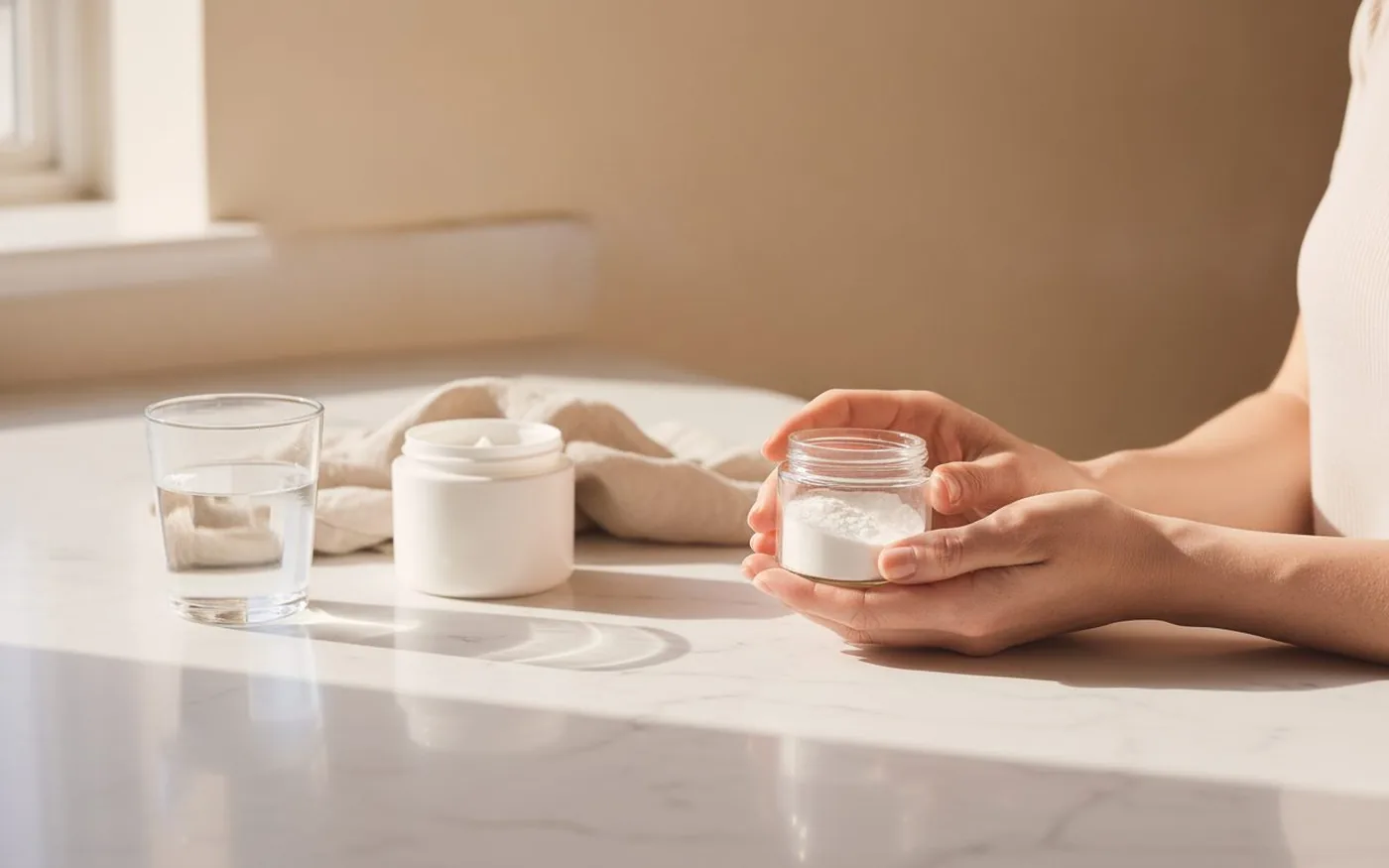 Collagen sourcing ingredients: salmon fillet, collagen powder, and gelatine granules on marble