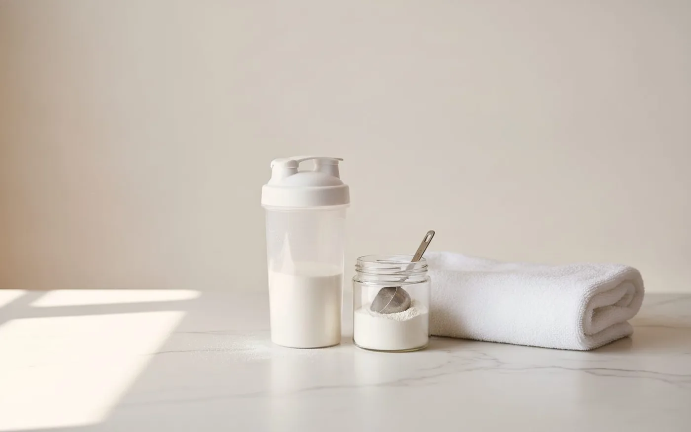 Collagen powder shaker bottle and jar with measuring scoop on marble - active lifestyle and fitness recovery context