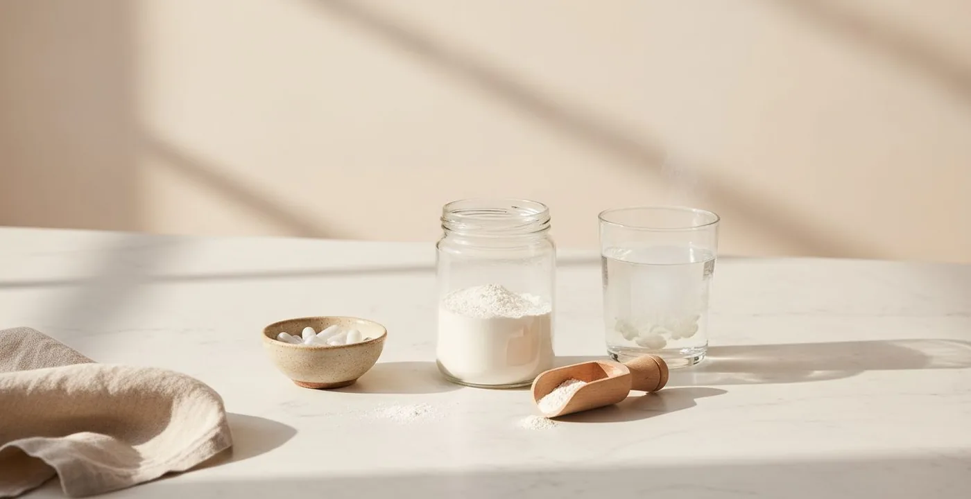 Collagen supplement UK statistics - collagen powder jar, capsules, and glass of water on marble