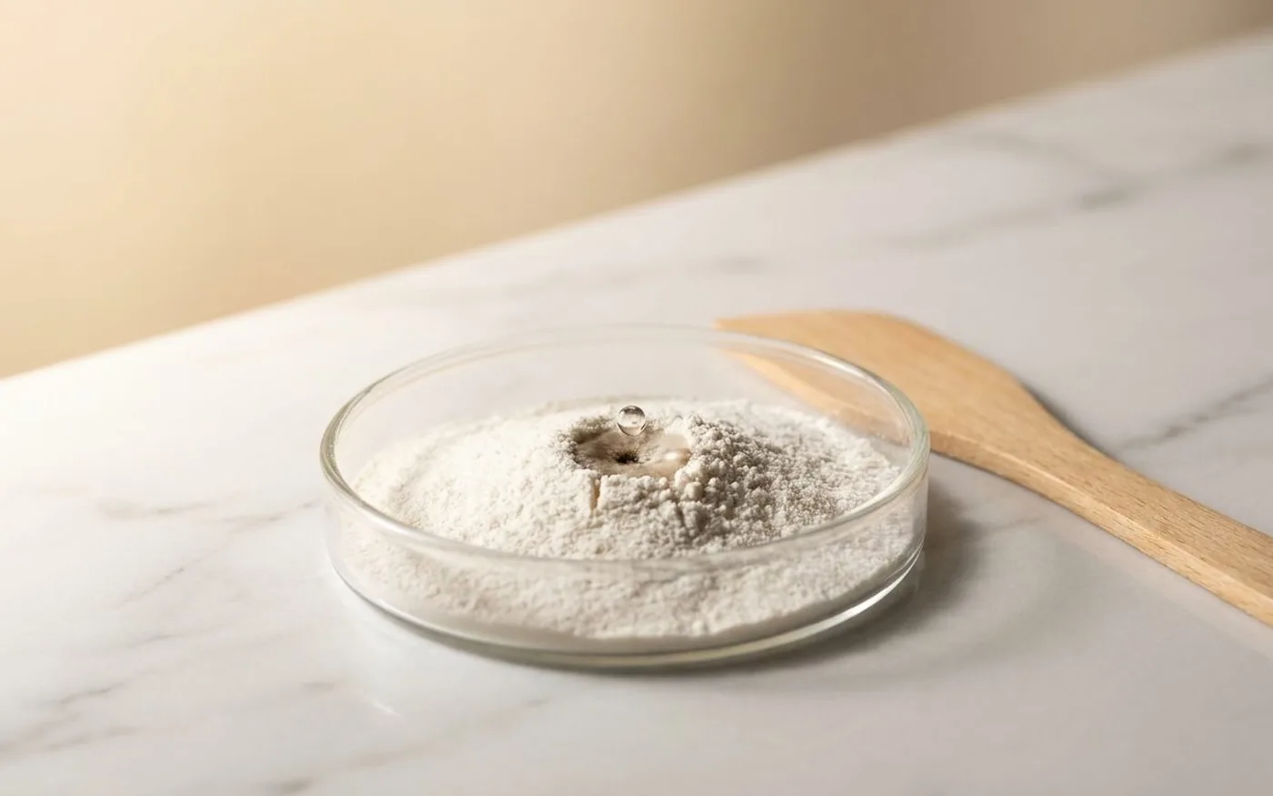 Collagen powder peptides - fine white powder in glass dish