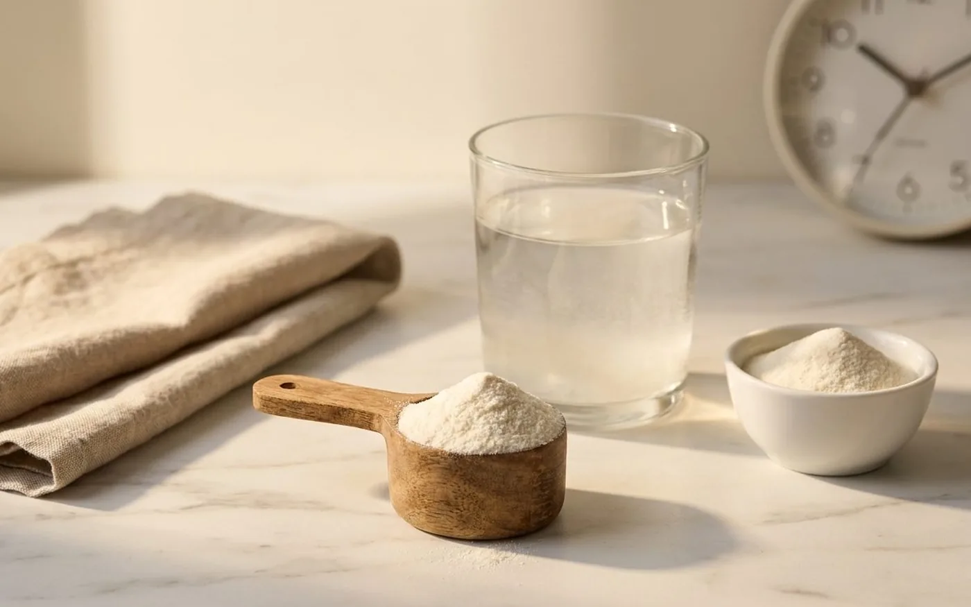Morning collagen dosage routine - wooden scoop, water glass and clock