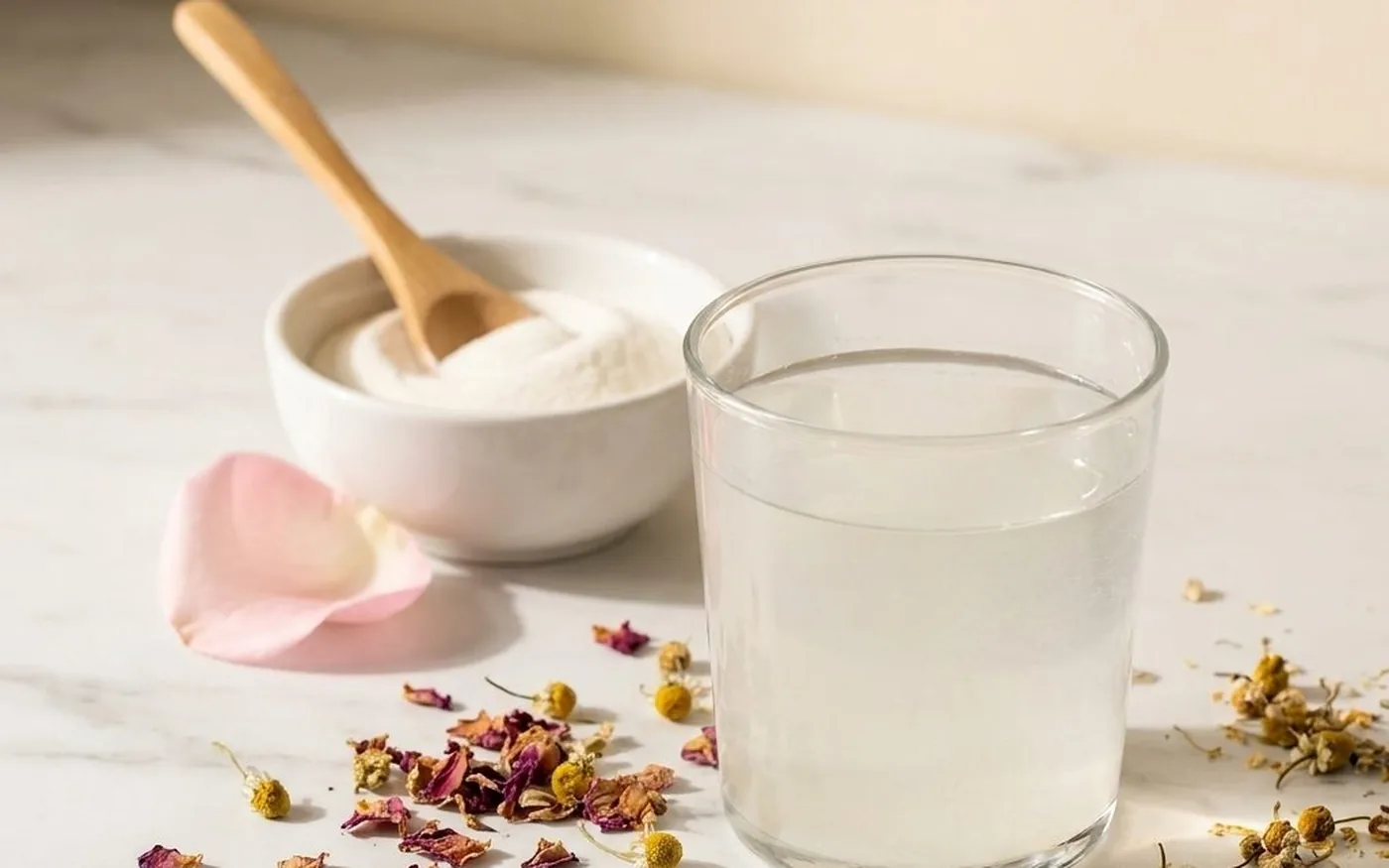 Collagen supplement bowl and glass with botanicals