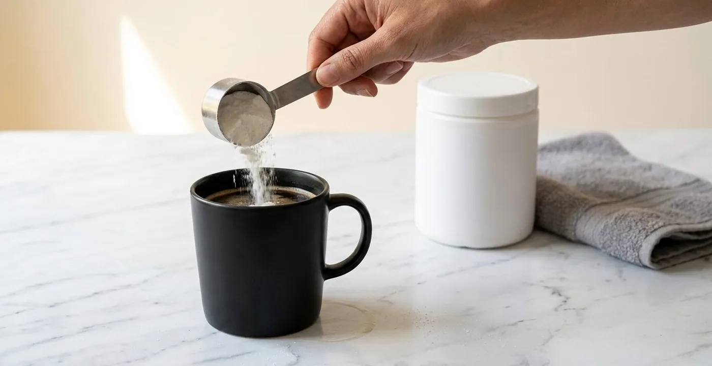 A scoop of creatine powder being tipped into a black mug of coffee, with a white supplement tub behind