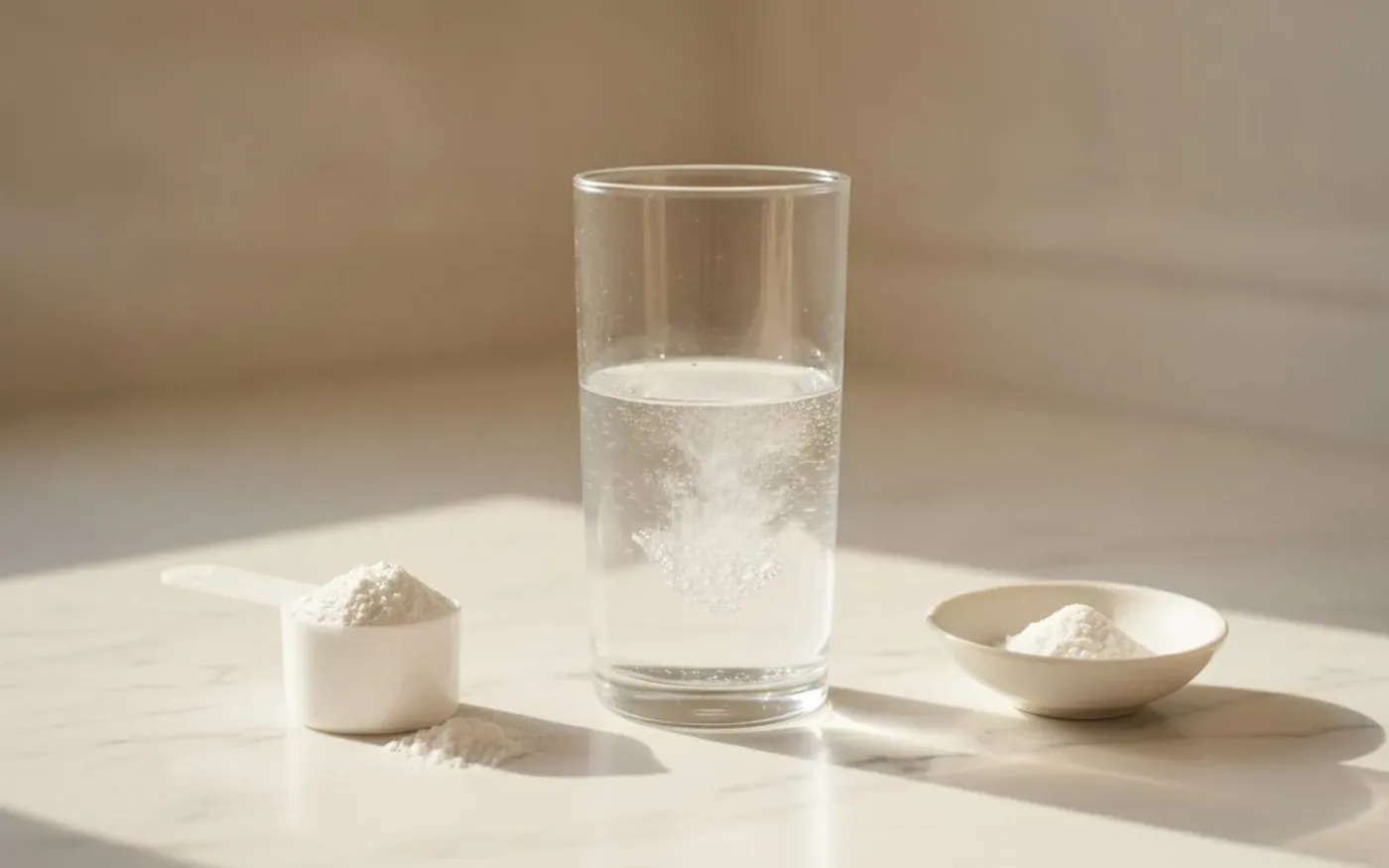 Creatine powder scoop in glass of water