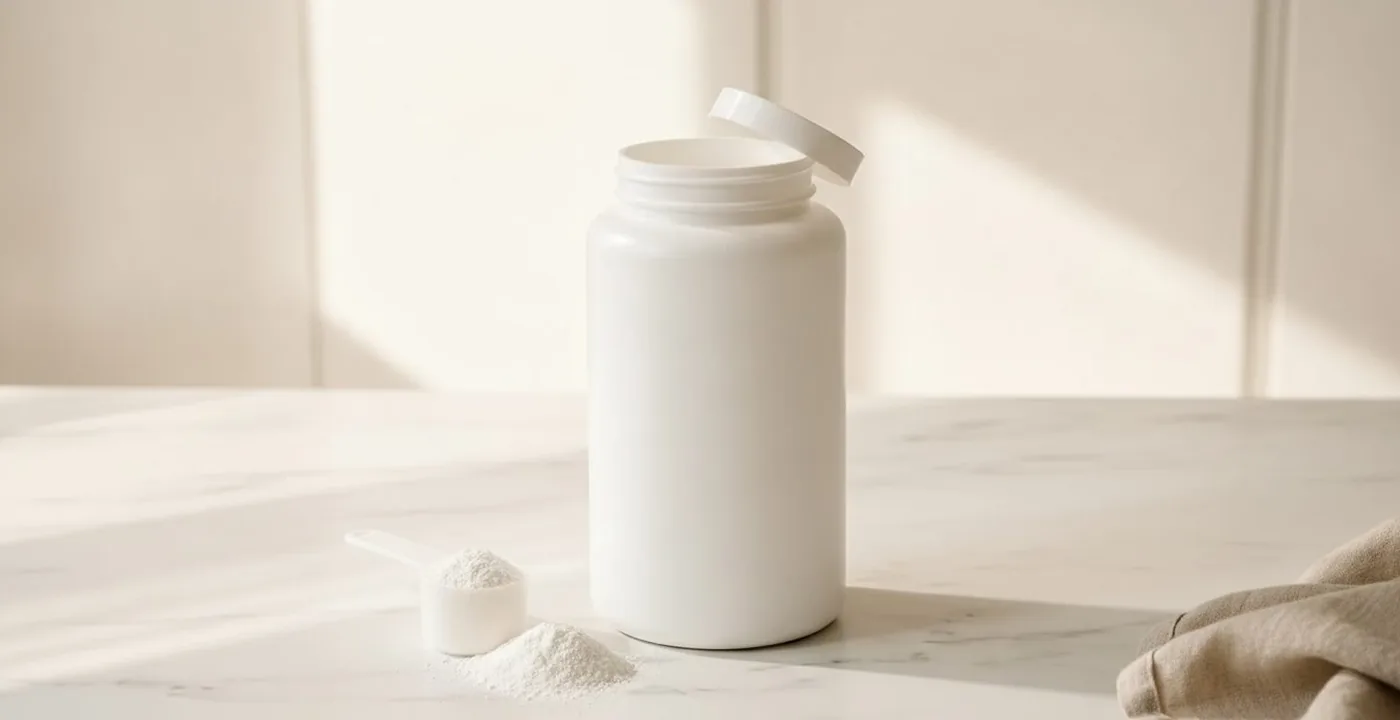 Creatine powder and supplement scoop on a clean white surface, illustrating a creatine loading phase guide