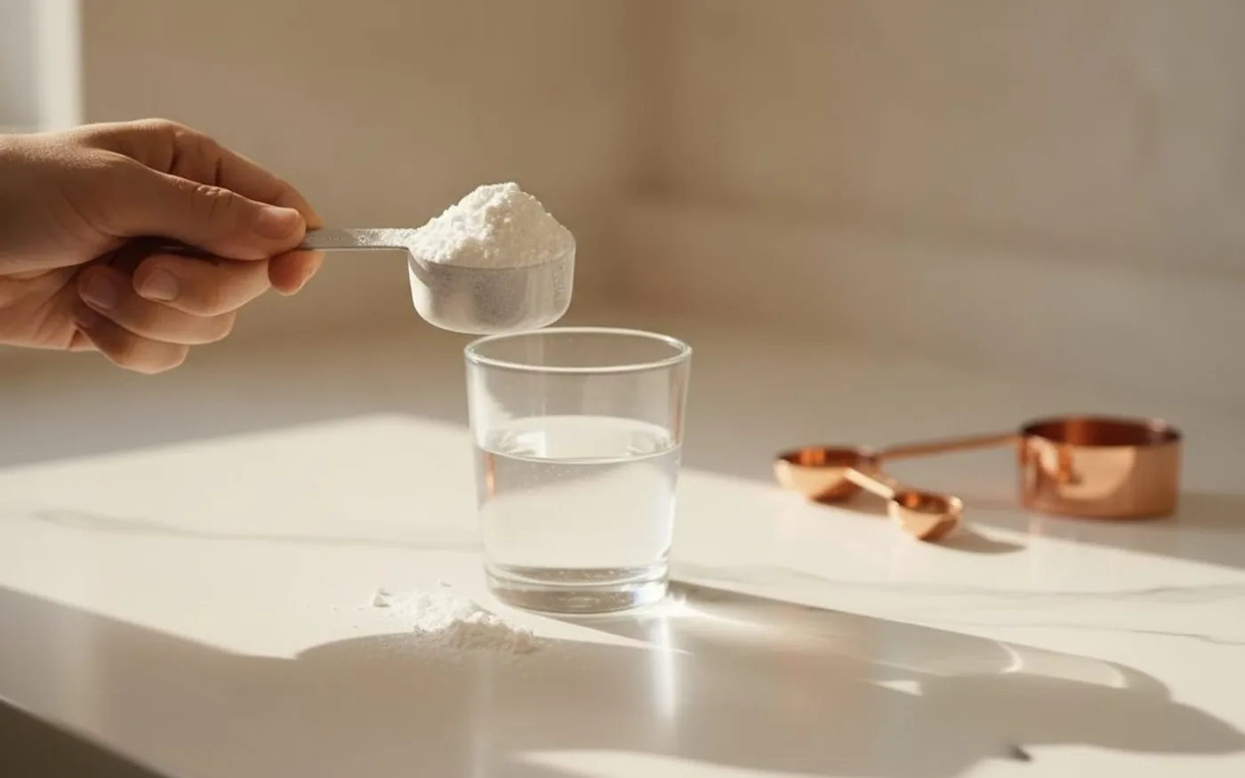 Creatine powder being precisely measured with a scoop on a white marble surface
