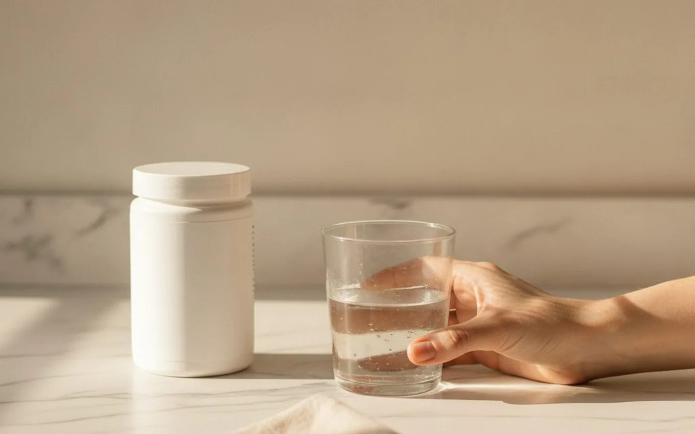 Daily creatine supplement routine with a glass of water on a clean marble surface