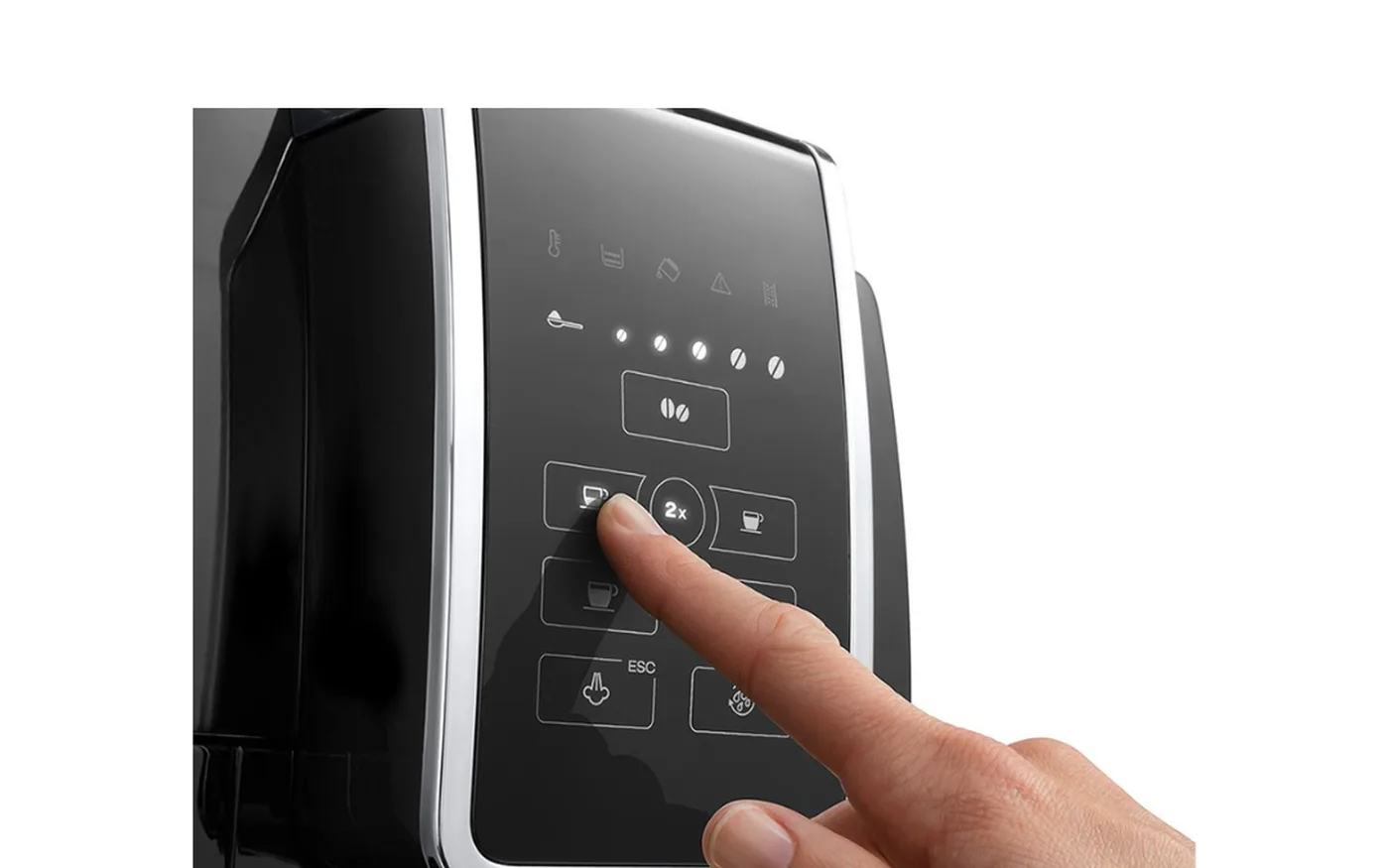 De'Longhi Dinamica control panel with a finger pressing a button to select a drink