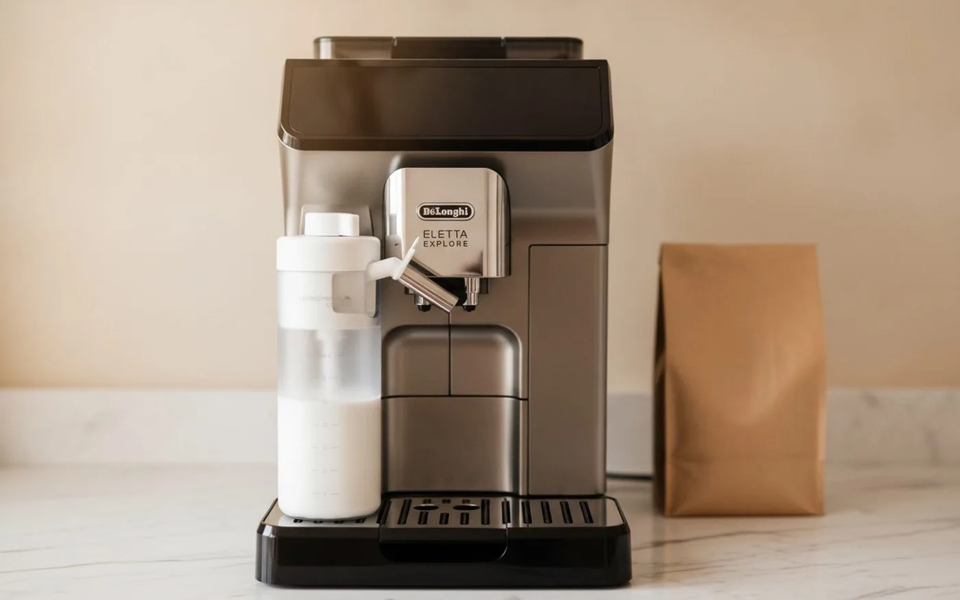 De'Longhi Eletta Explore ECAM450.86.T bean-to-cup coffee machine, front view showing chrome and black finish