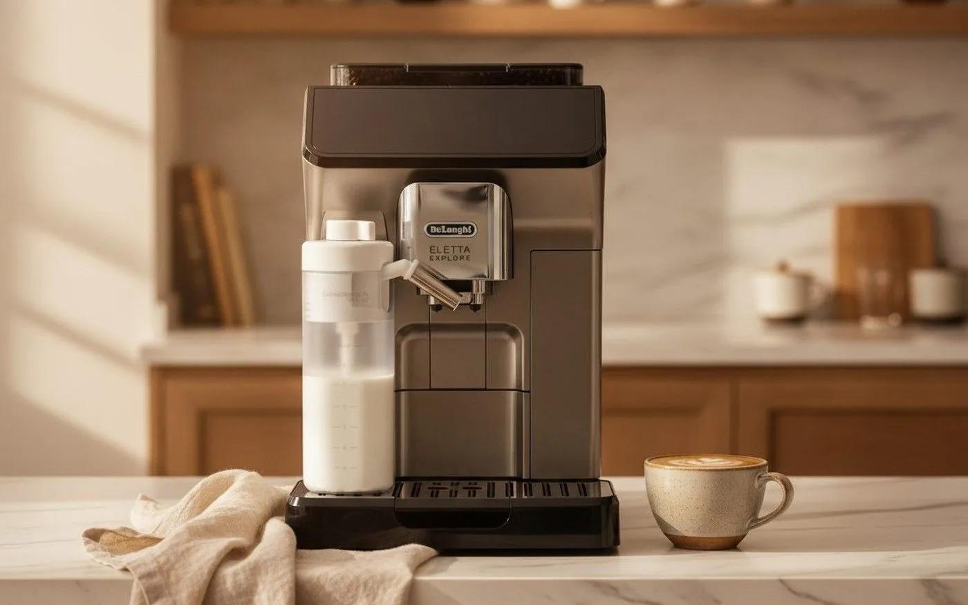 De'Longhi Eletta Explore positioned on a kitchen countertop in a lifestyle setting