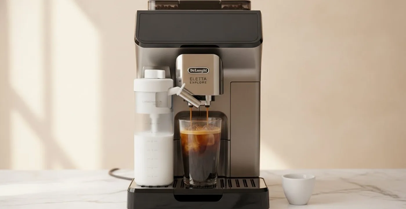 De'Longhi Eletta Explore hybrid hot-and-cold bean-to-cup coffee machine on a kitchen counter