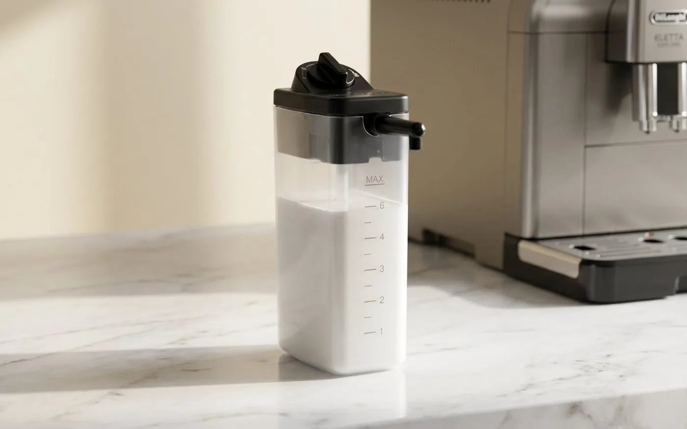 Close-up of the De'Longhi Eletta Explore's dual milk carafe system showing integrated frother