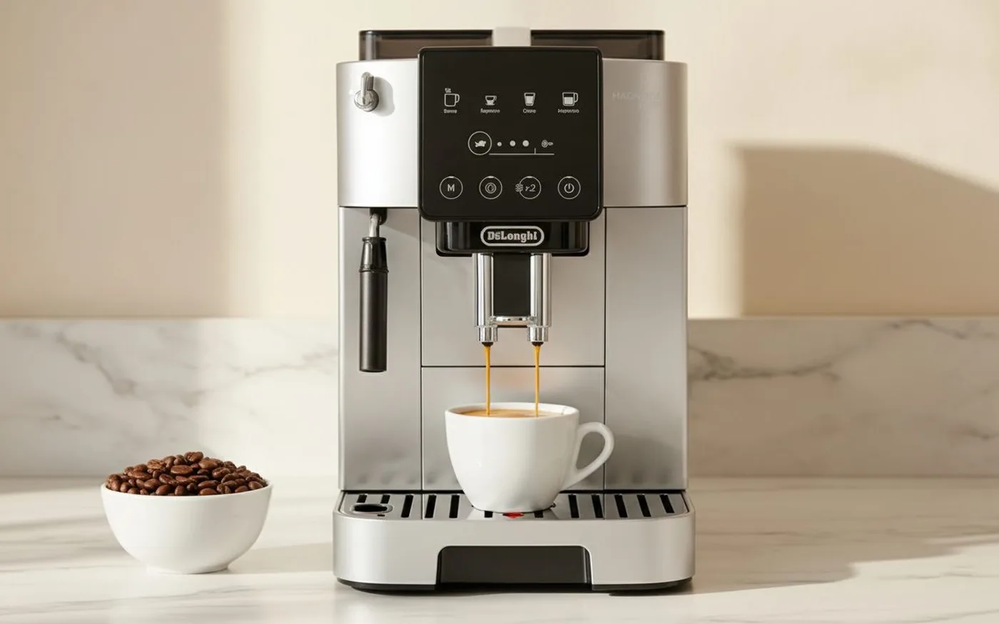 De'Longhi bean-to-cup coffee machine dispensing espresso with whole beans bag on marble countertop